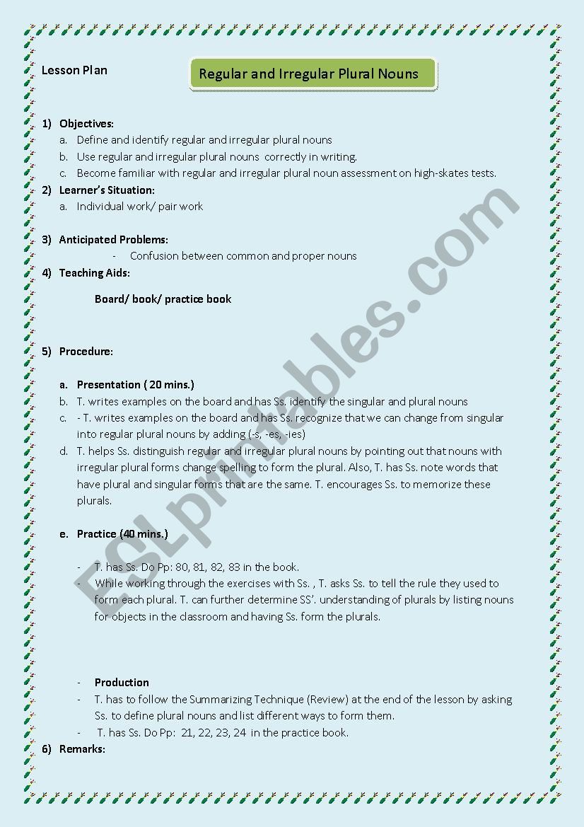 Lesson Plan Grade 5 regular And Irregular Plural Nouns ESL 