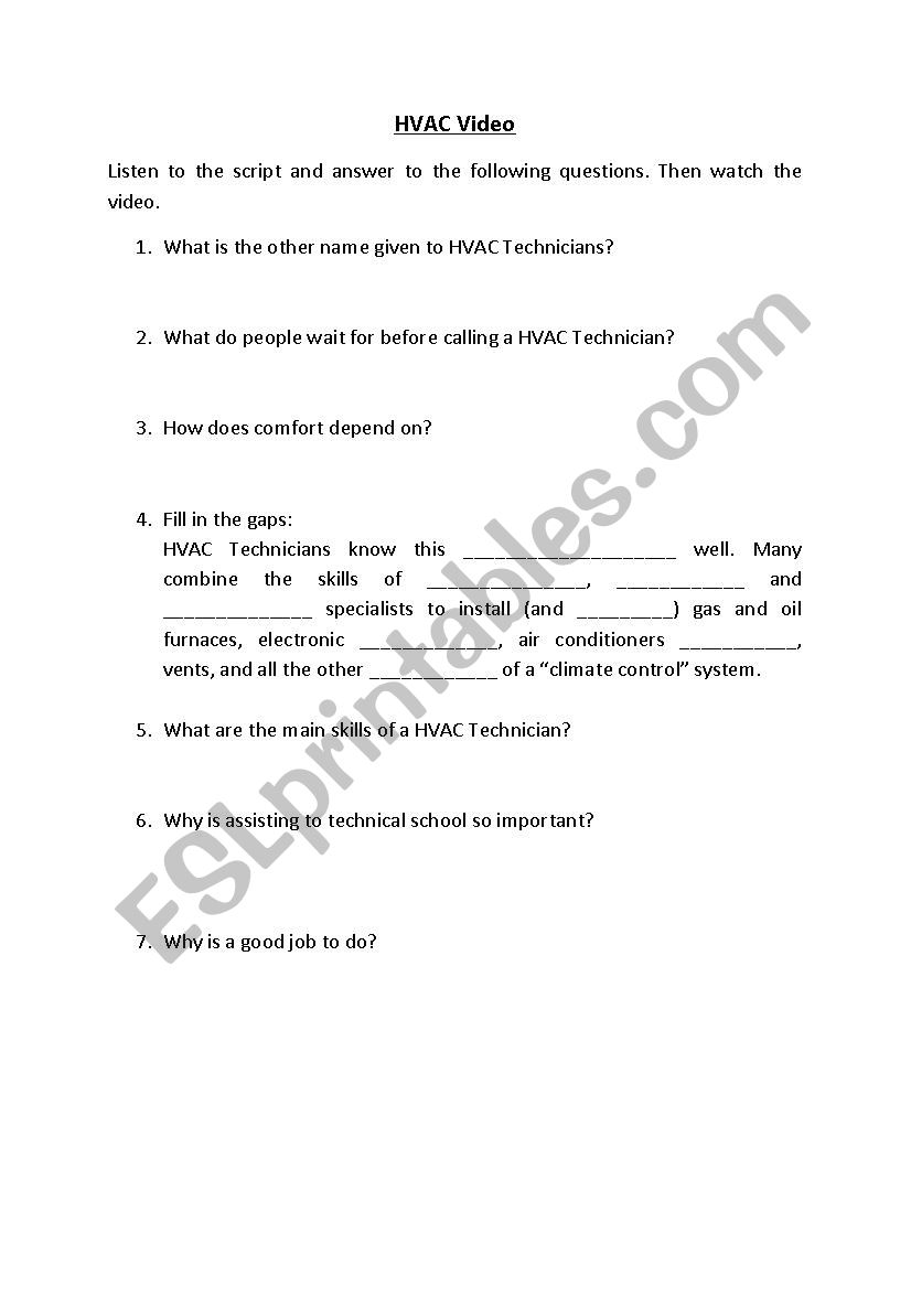 HVAC exercise on vido worksheet