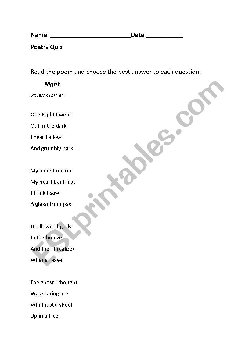 poetry quiz worksheet