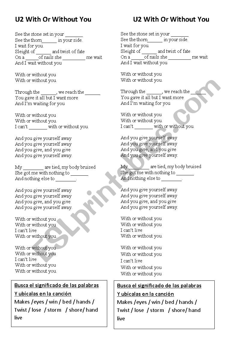 Song with or without you - ESL worksheet by caju
