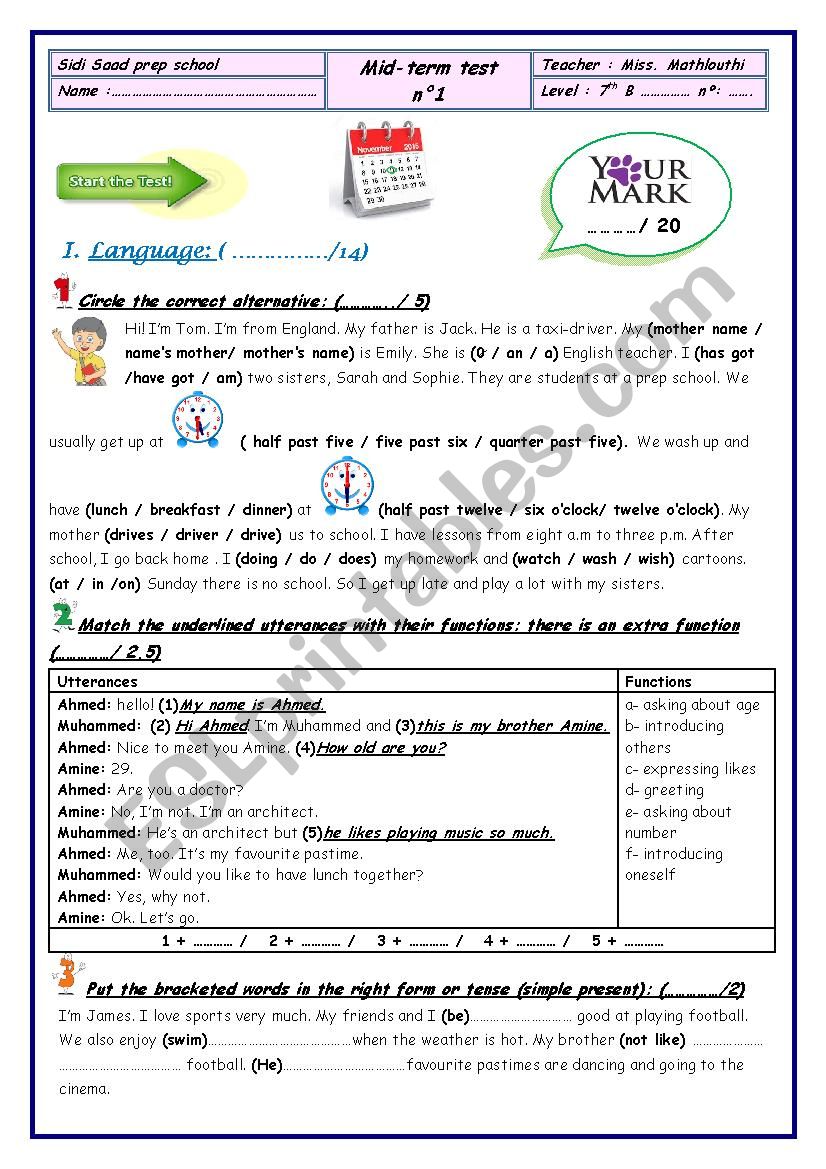 mid term test n°1 7th form - ESL worksheet by lovely mimou