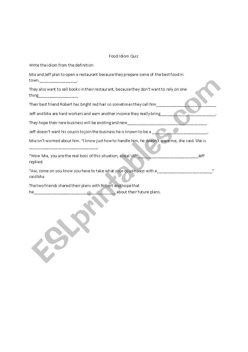 Food Idiom Quiz worksheet