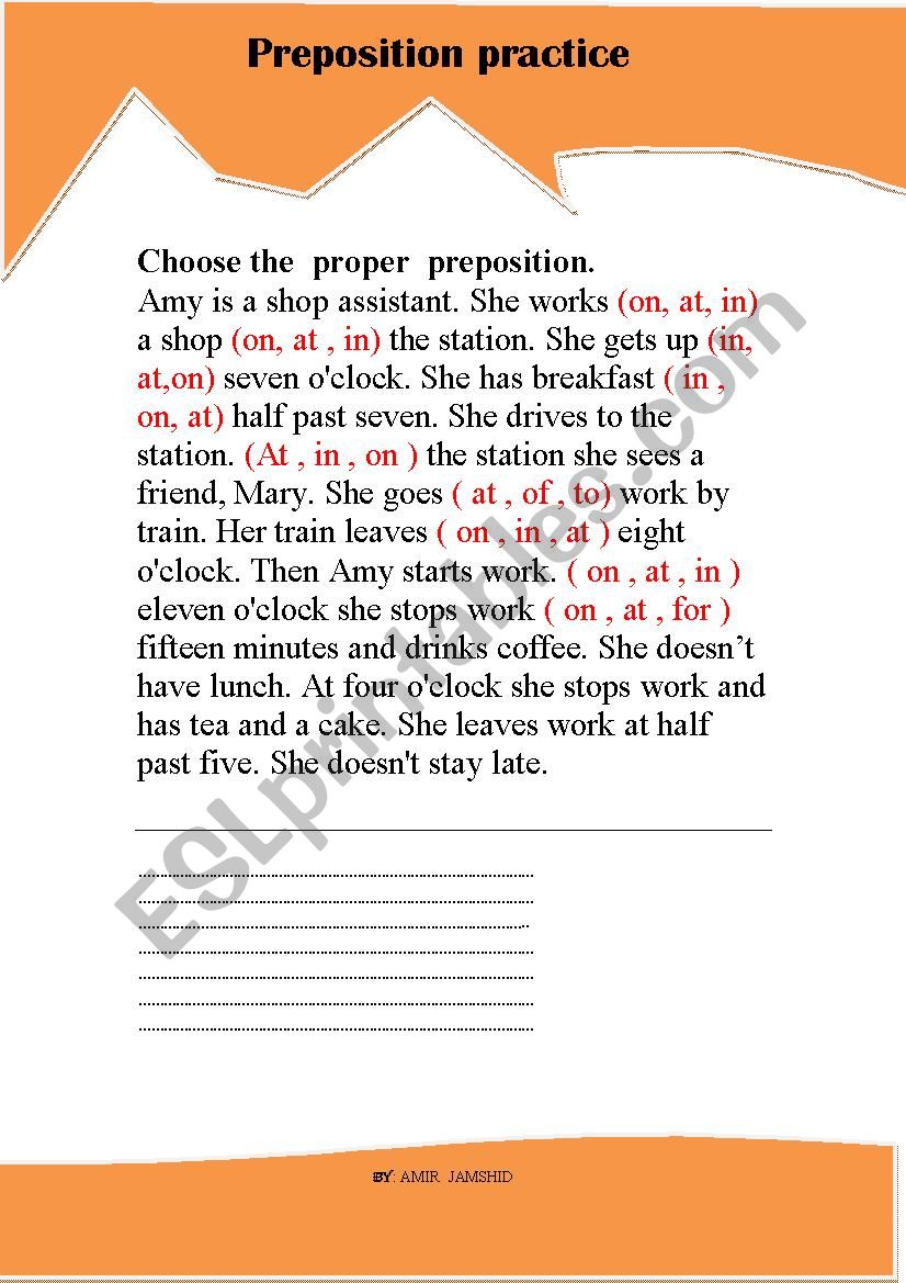 Preposition practice worksheet