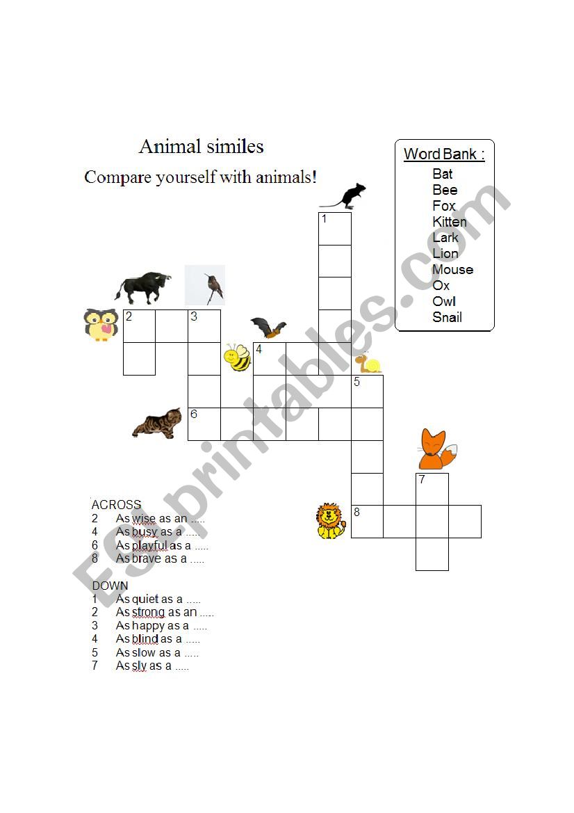 Animal Similes Crosswords worksheet