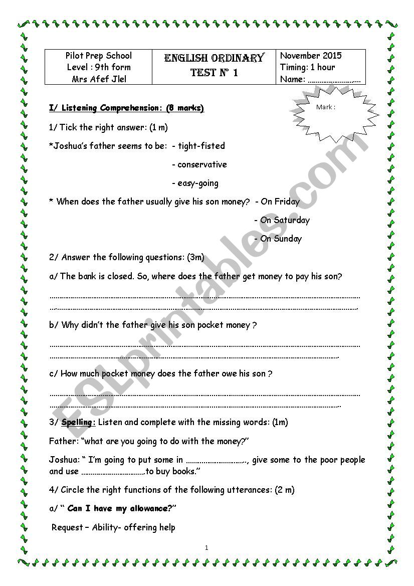 Mid term test N°1 - ESL worksheet by pink flower