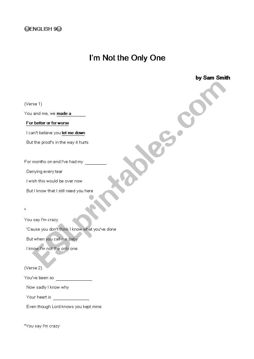 Sam Smith-Im not the only one worksheet
