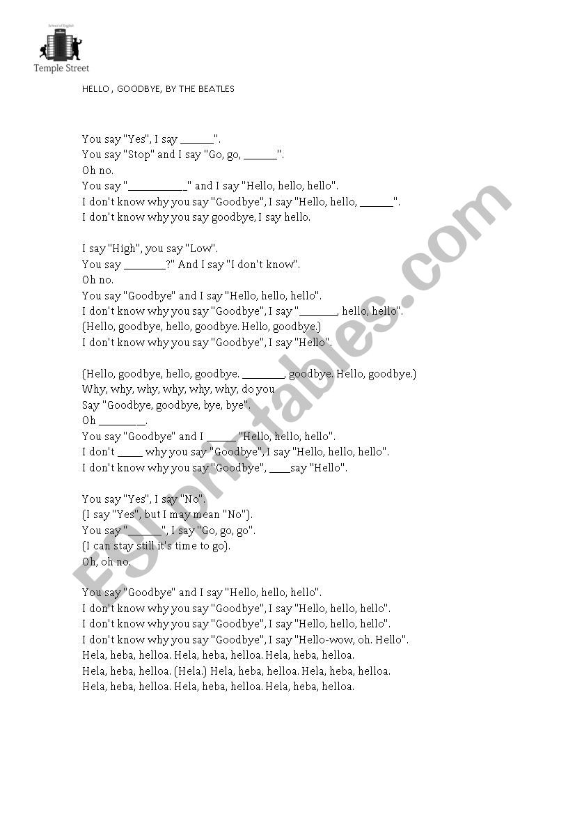 Hello Beatles worksheet