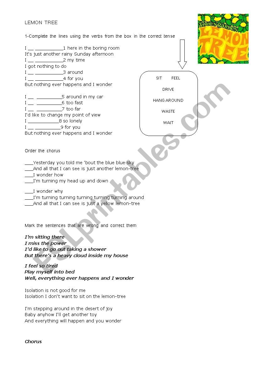 Lemmon Tree- Fools Garden worksheet