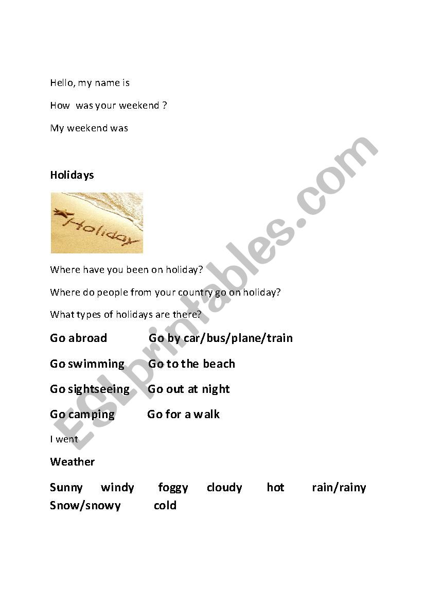 Holiday Vocabulary handout  worksheet