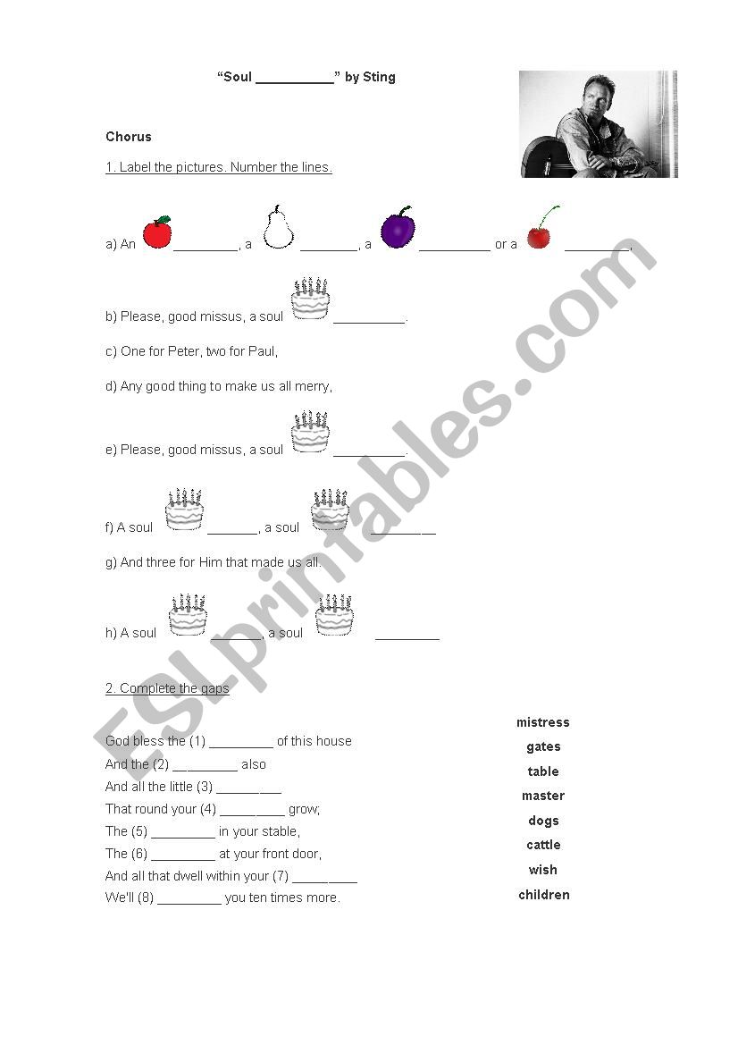 Soul cake Sting worksheet