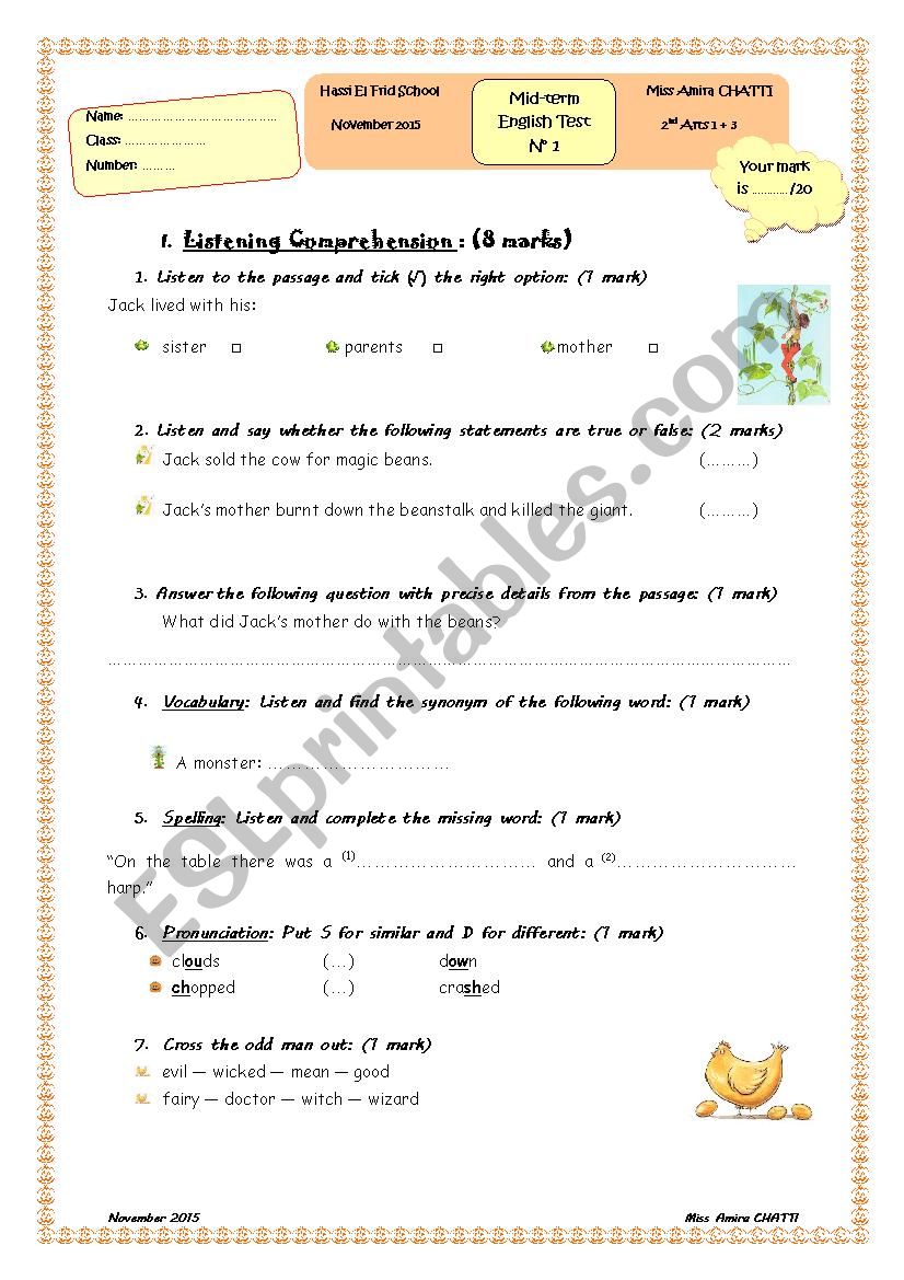 Mid-term Test Second Arts worksheet