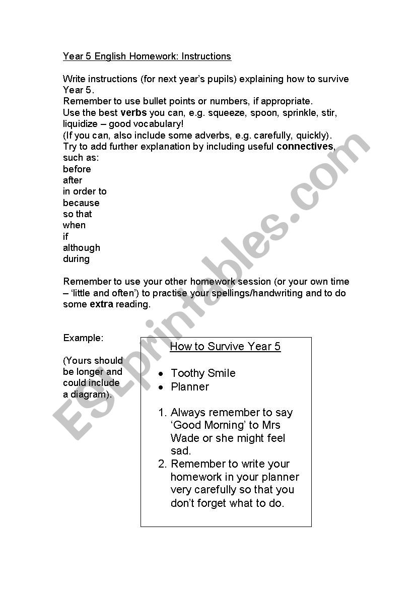 Instructions homework year 5 worksheet