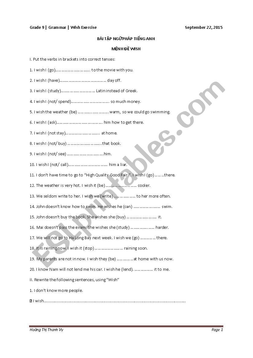 wish exercise worksheet