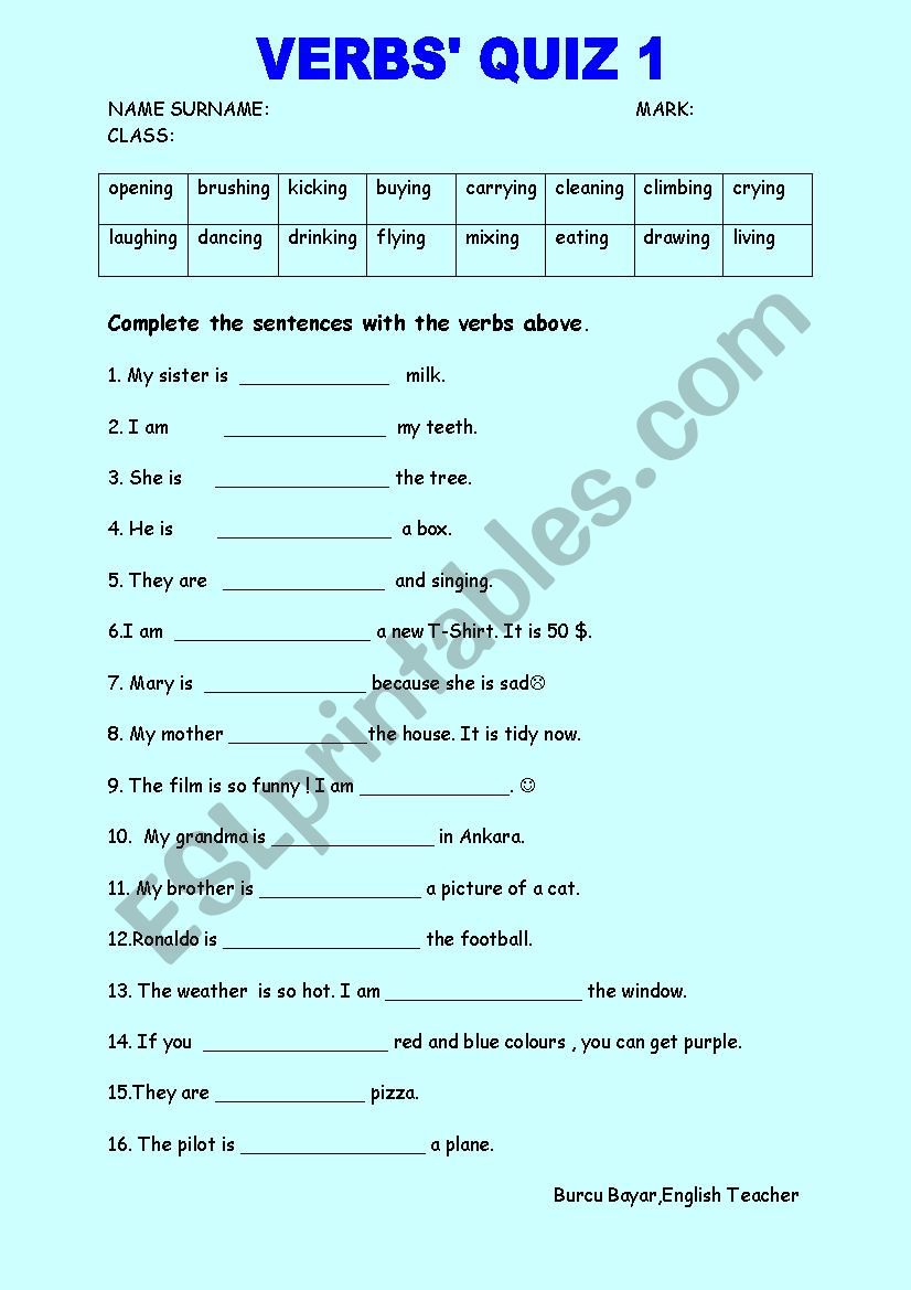 Action Verbs´ Quiz 1 - ESL worksheet by burcubayar