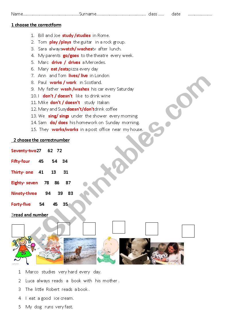 test (simple present ,number1-20, reading and comprention)