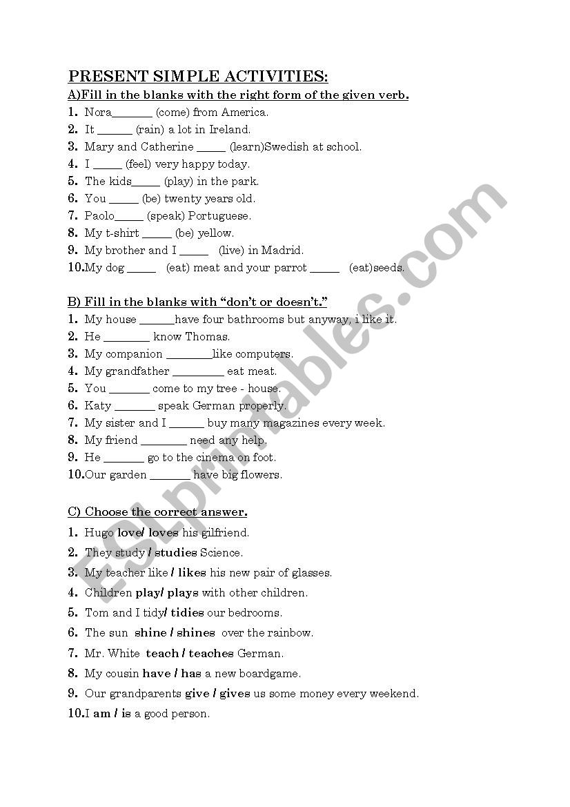 Present simple activities worksheet