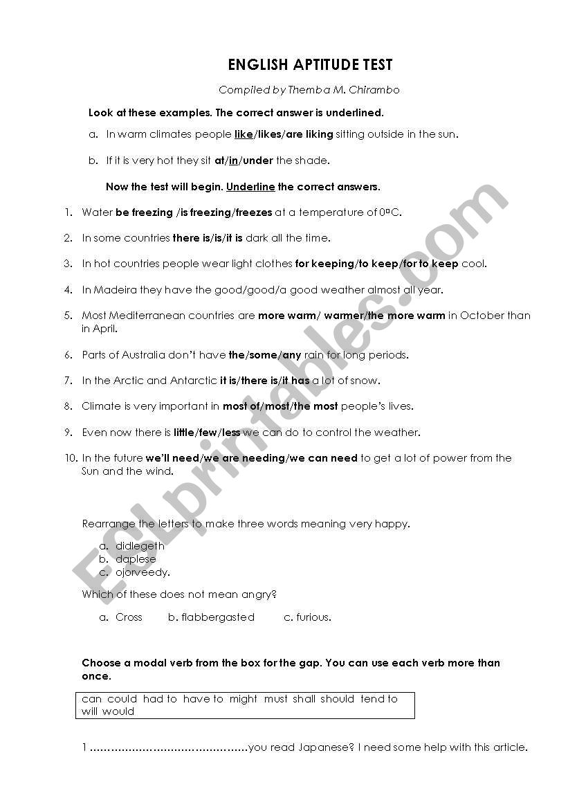 Intermediate level Test worksheet