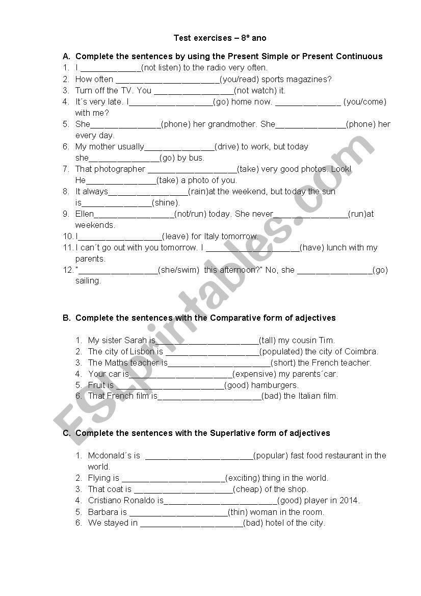 present simple and presen continuous and adjective forms