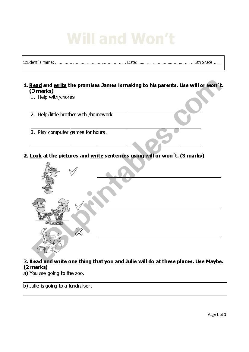 Will and wont activities worksheet