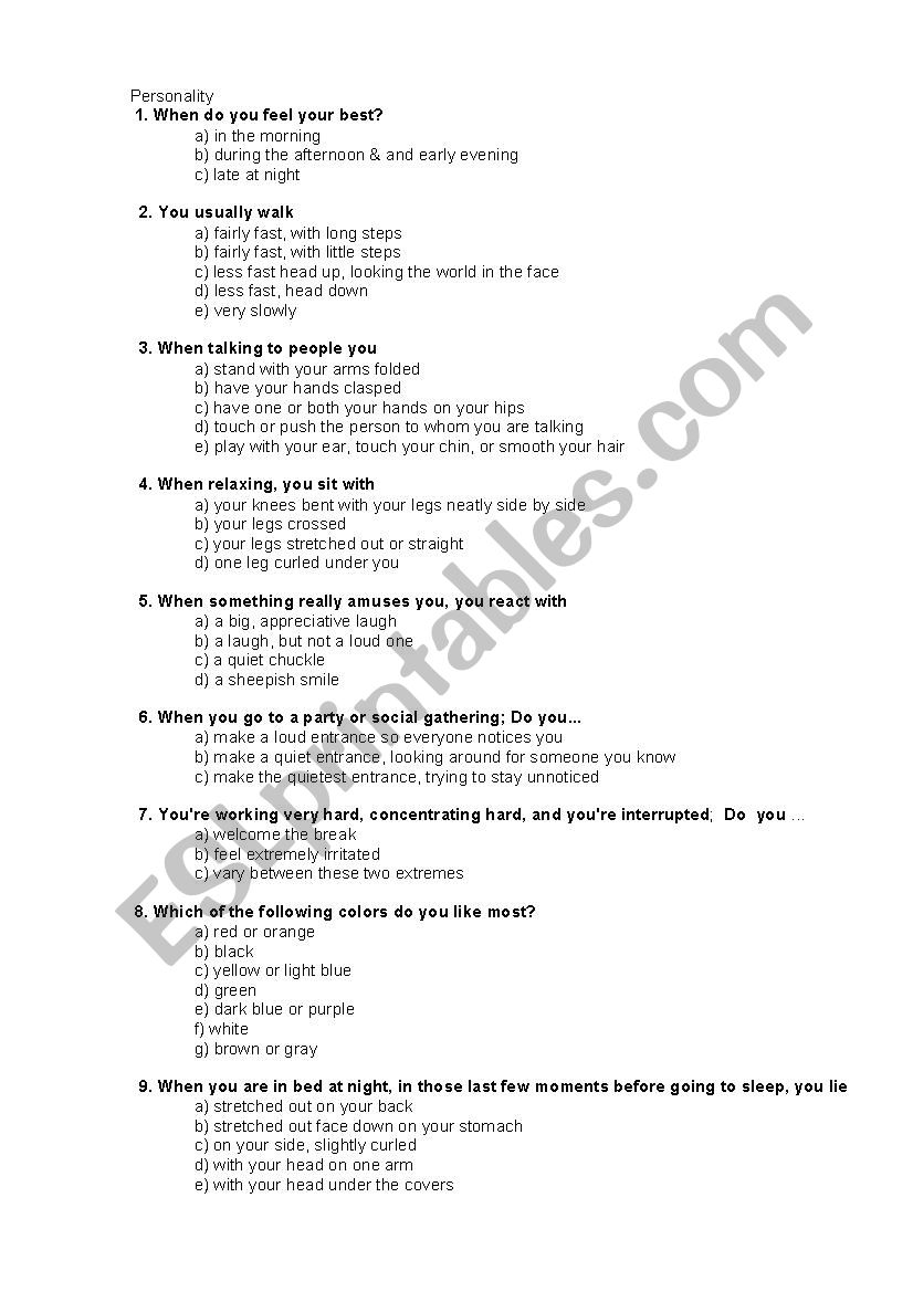 Personality test worksheet