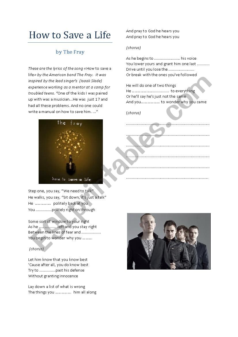The Fray How to Save a Life worksheet