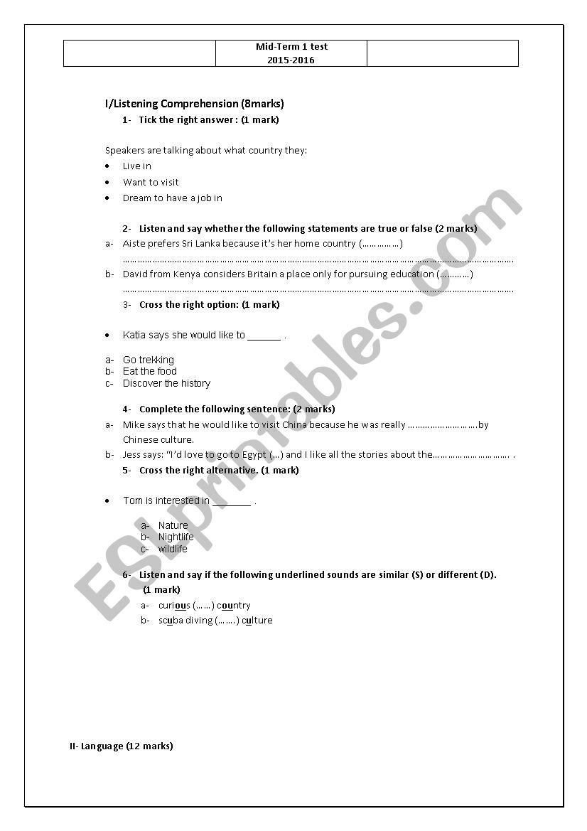 mid-term test nb 1  worksheet