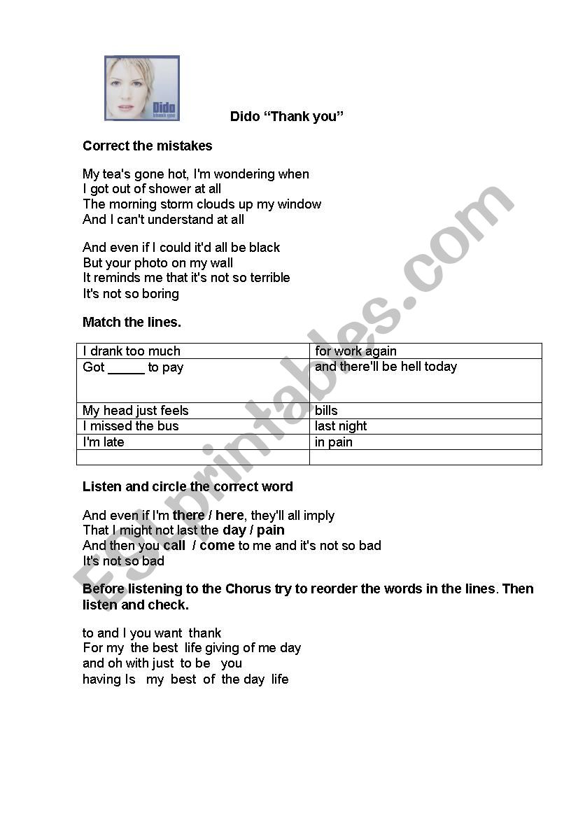 Thank you by Dido worksheet