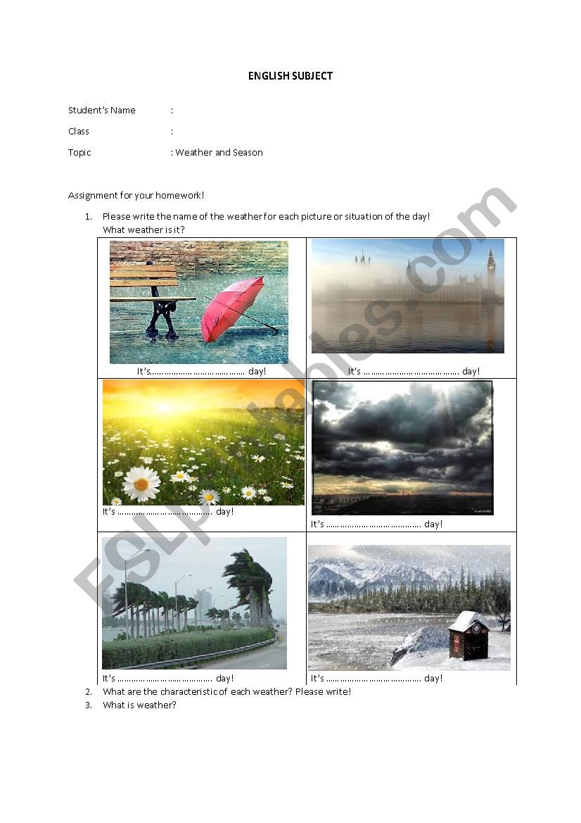 weather and season - ESL worksheet by dhiwi