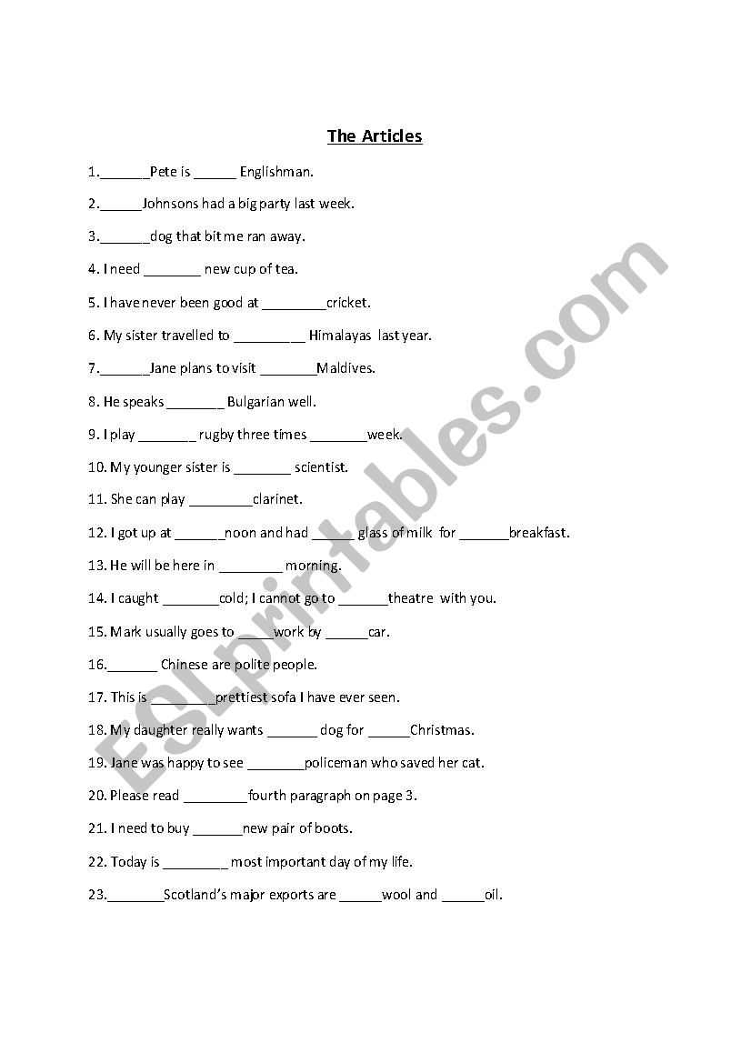 Articles worksheet