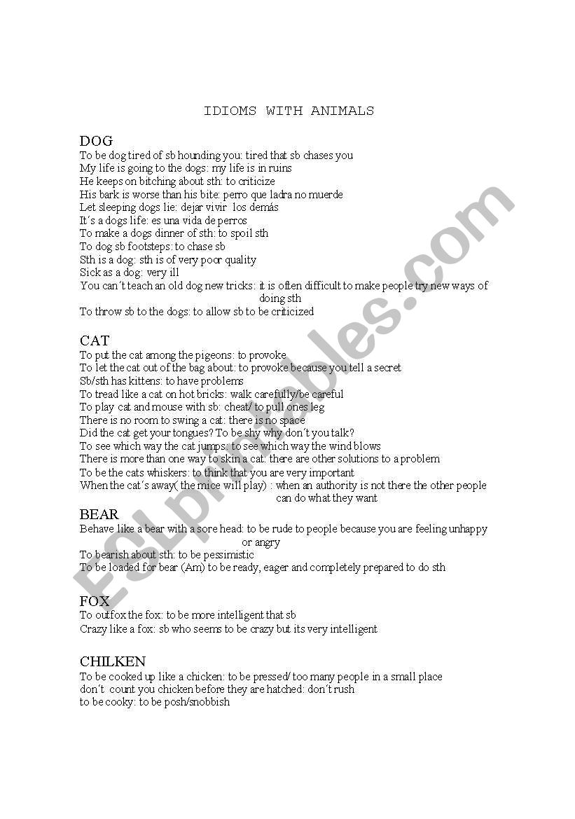 animal idioms worksheet