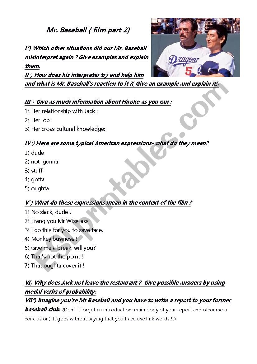 Mr Baseball part 2 - ESL worksheet by bretagne