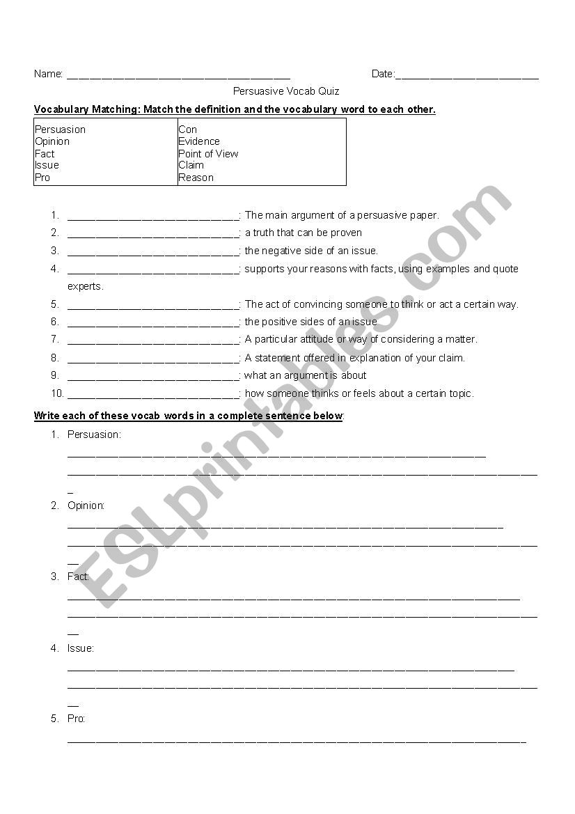 Persuasive Vocab Quiz worksheet