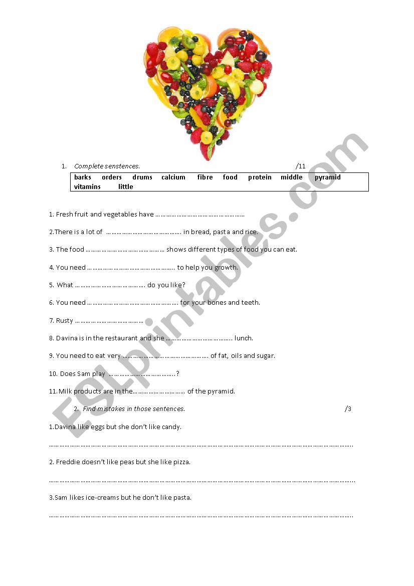 Test about food worksheet