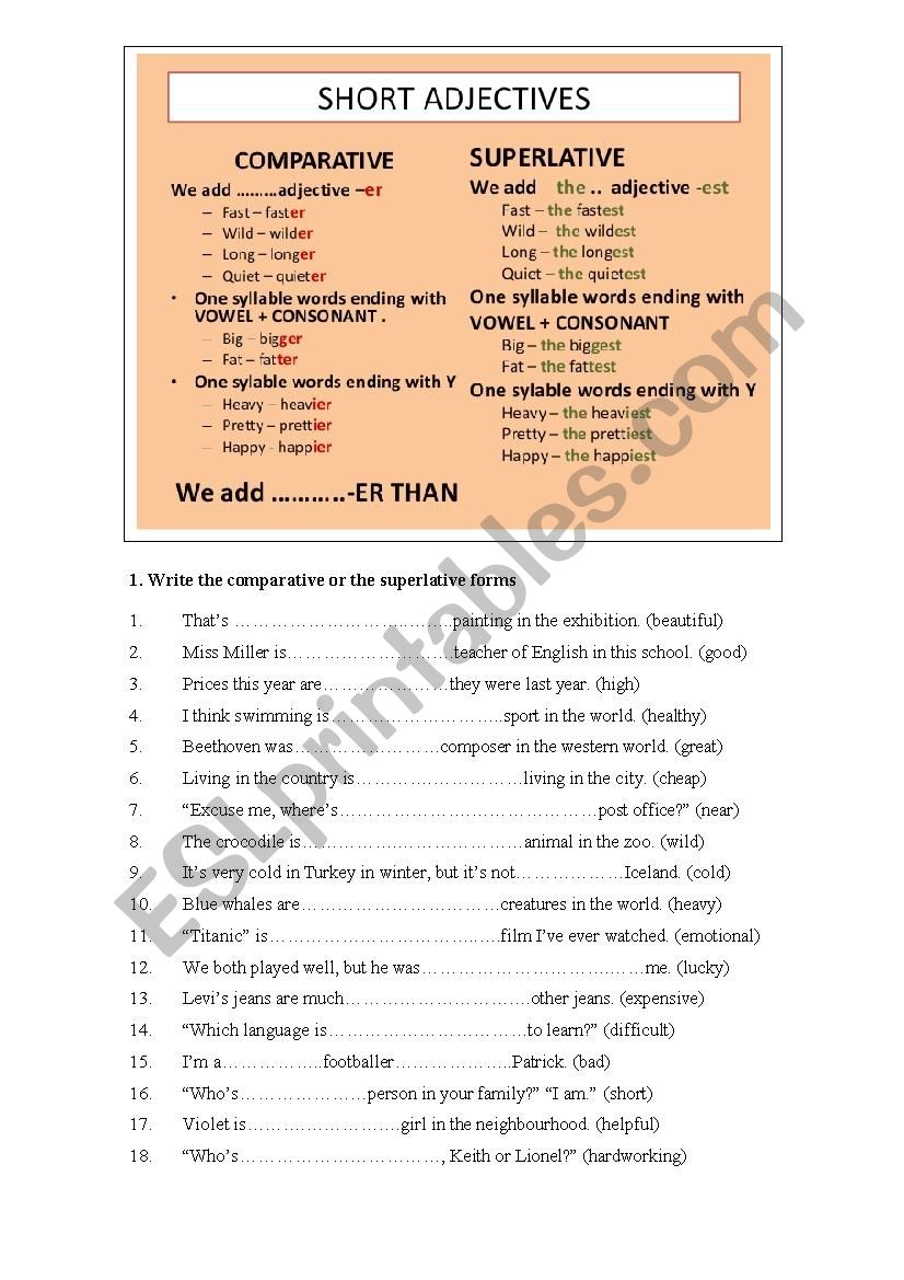 Comparatives and superlatives worksheet