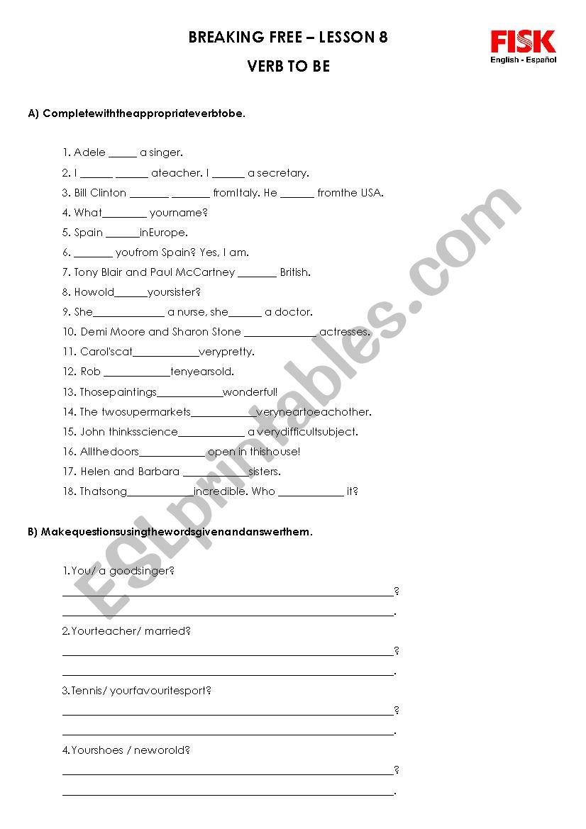 Verb To Be worksheet