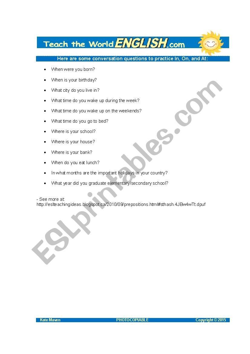 Conversation Questions to Practice In, On & At