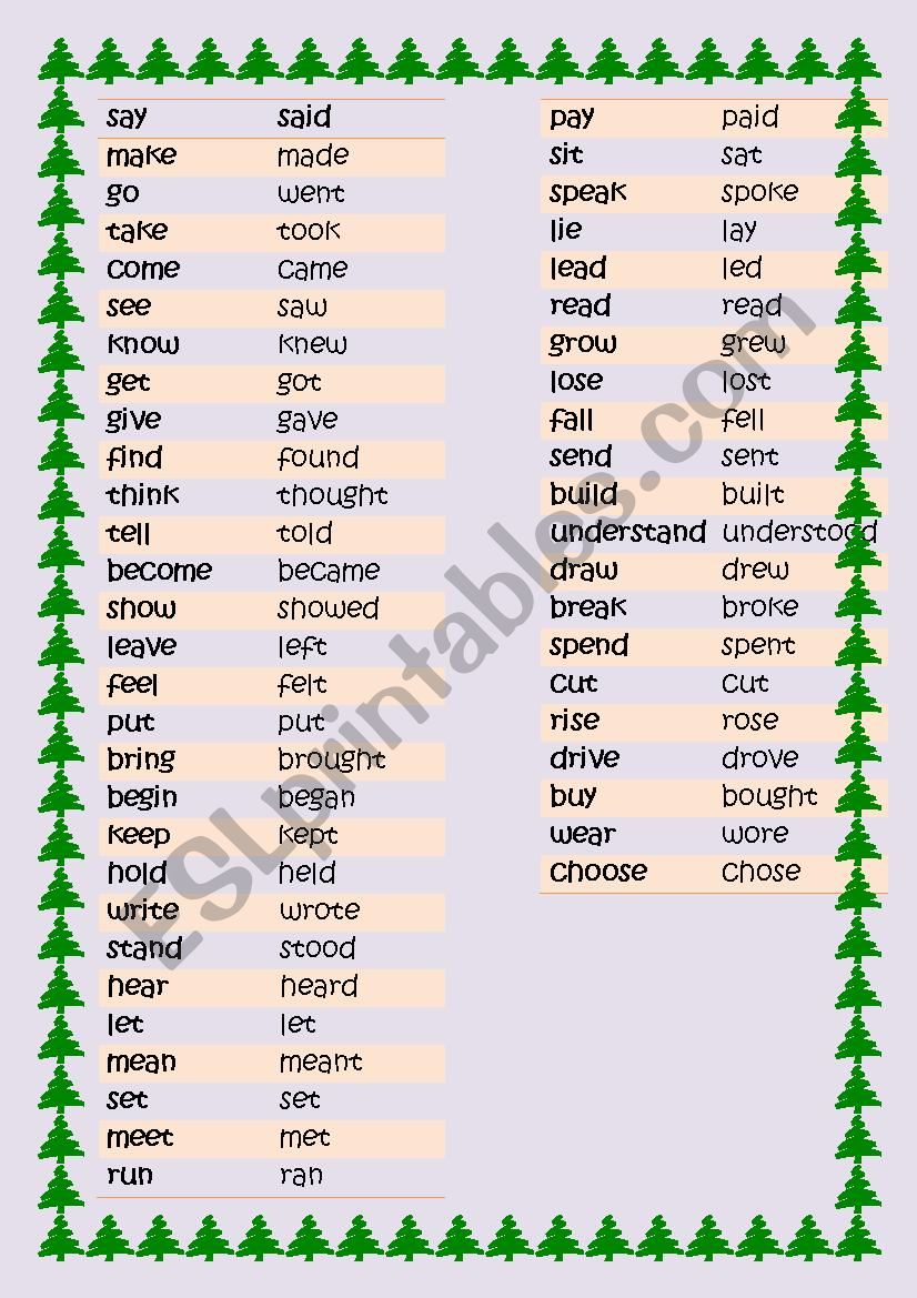 rregular verbs worksheet