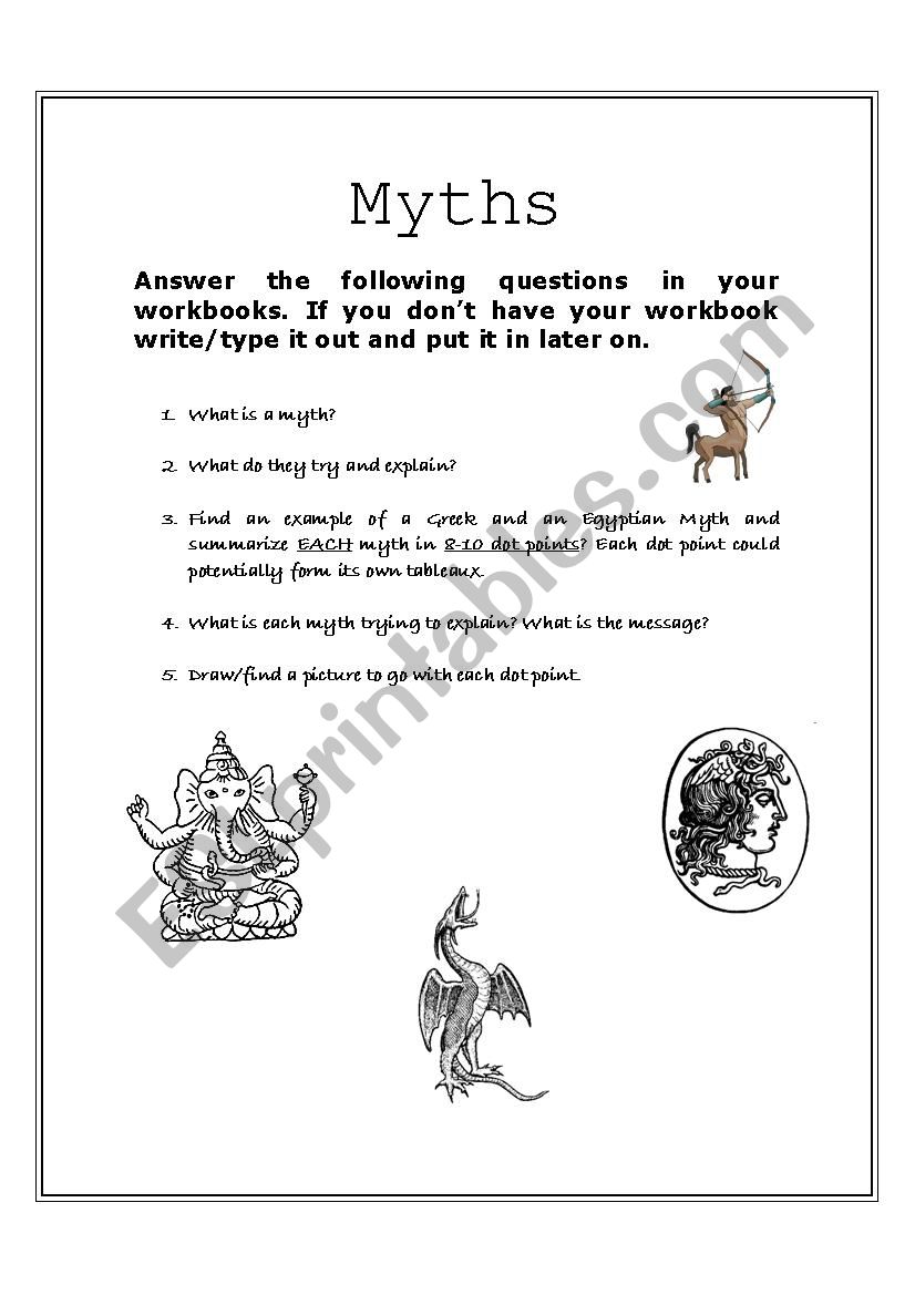 Myths worksheet