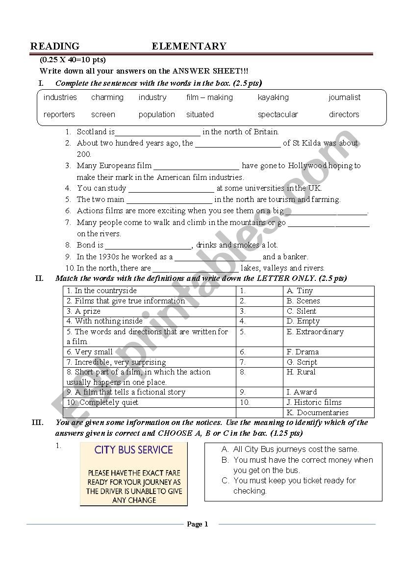 READING EXAM worksheet