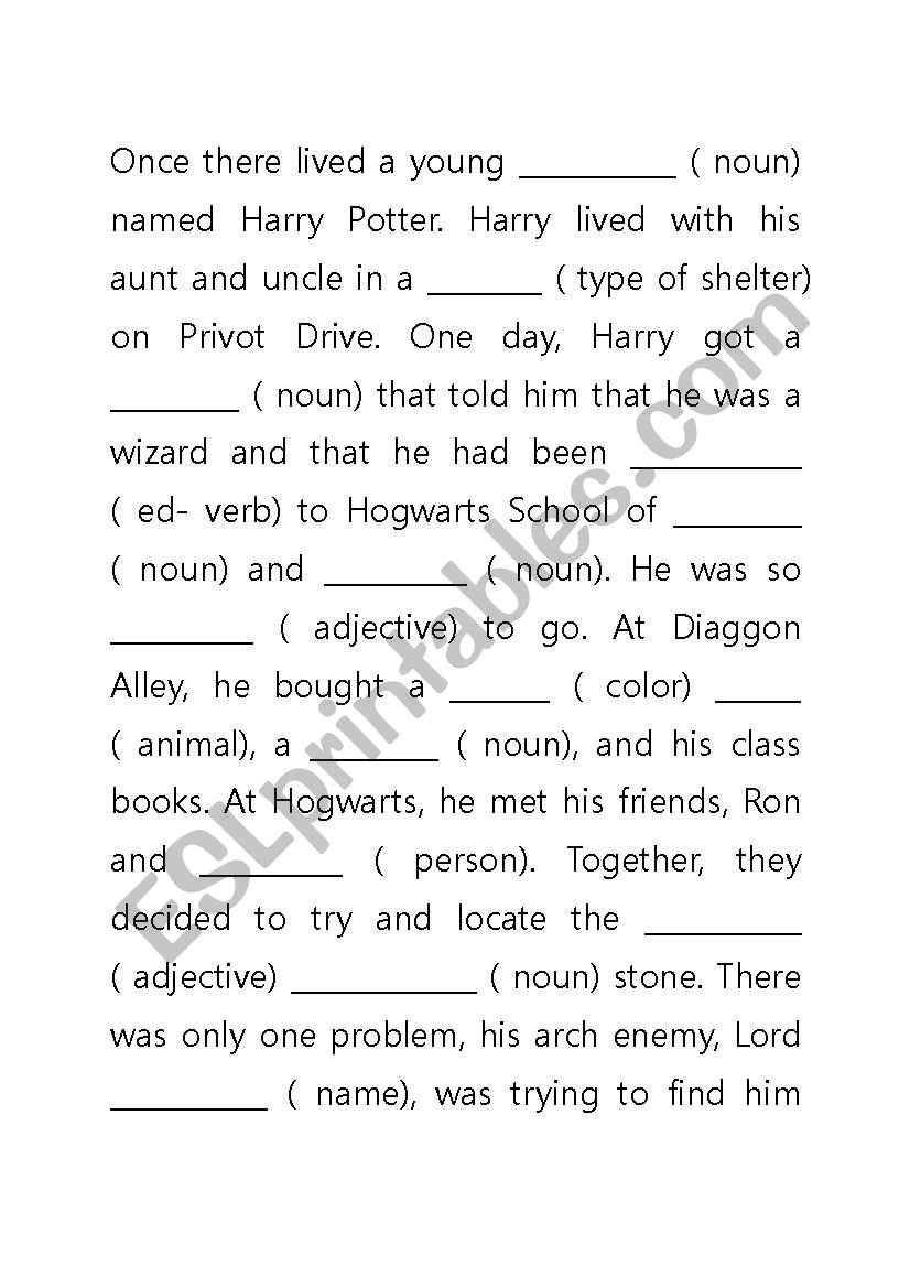 Harry Potter Mad Lib  worksheet