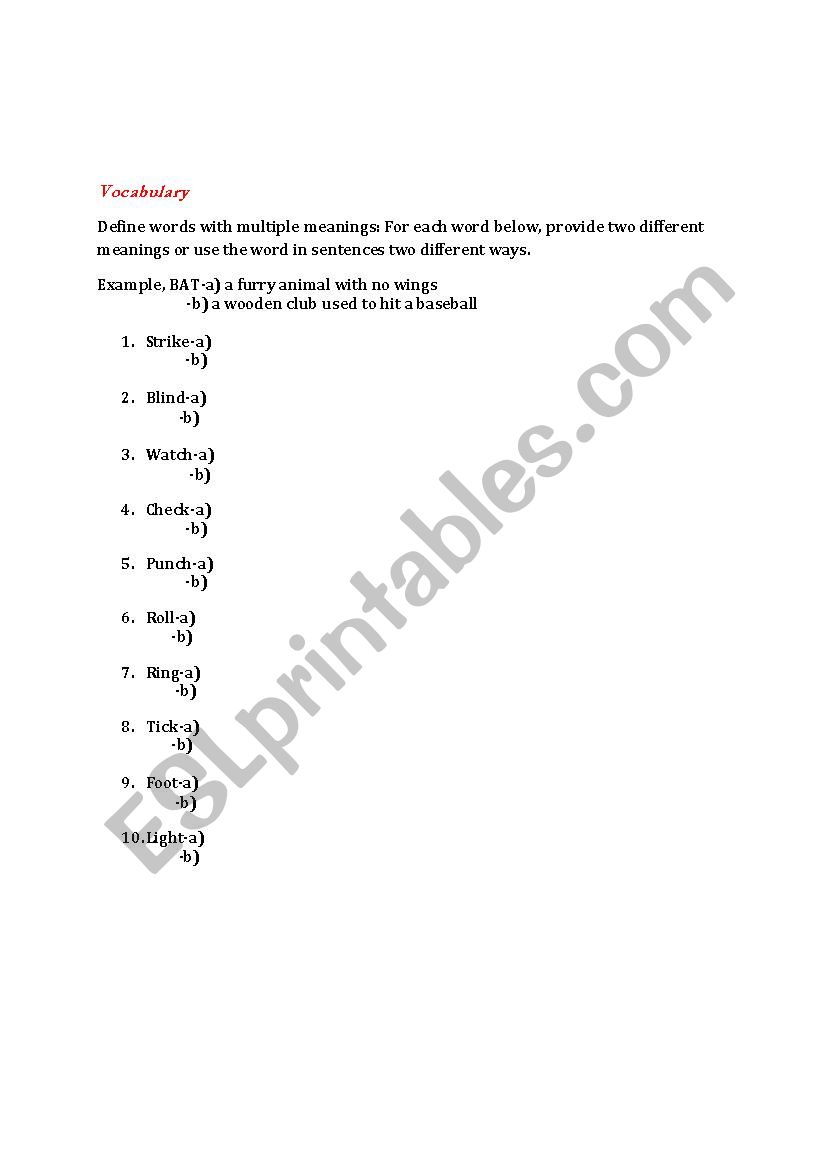 Vocabulary worksheet