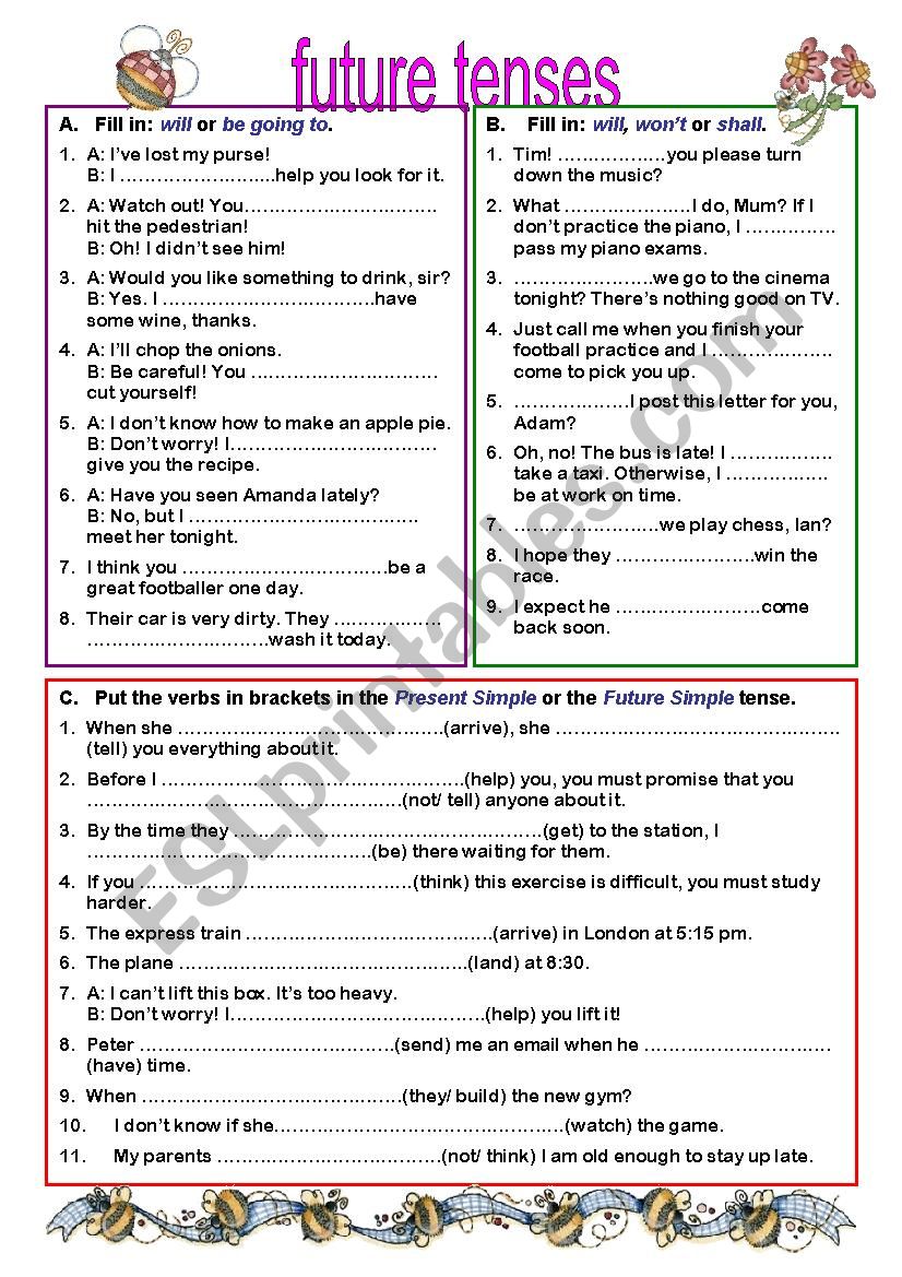 Future Tenses Review ESL Worksheet By Vickyvar