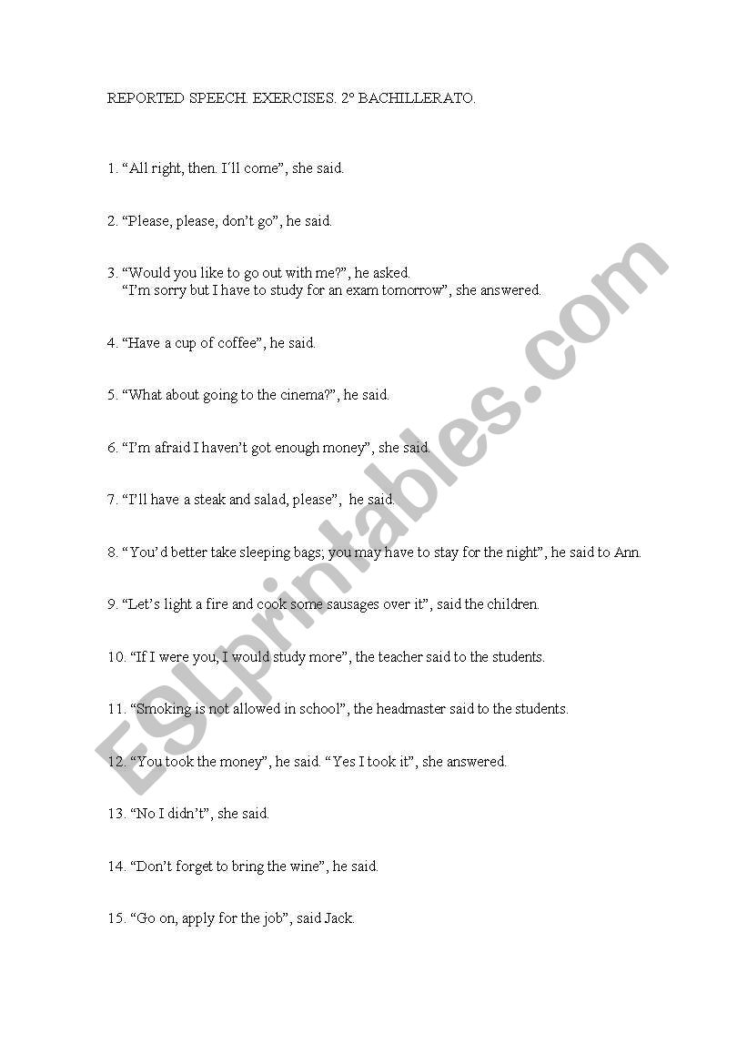 REPORTED SPEECH SENTENCES worksheet