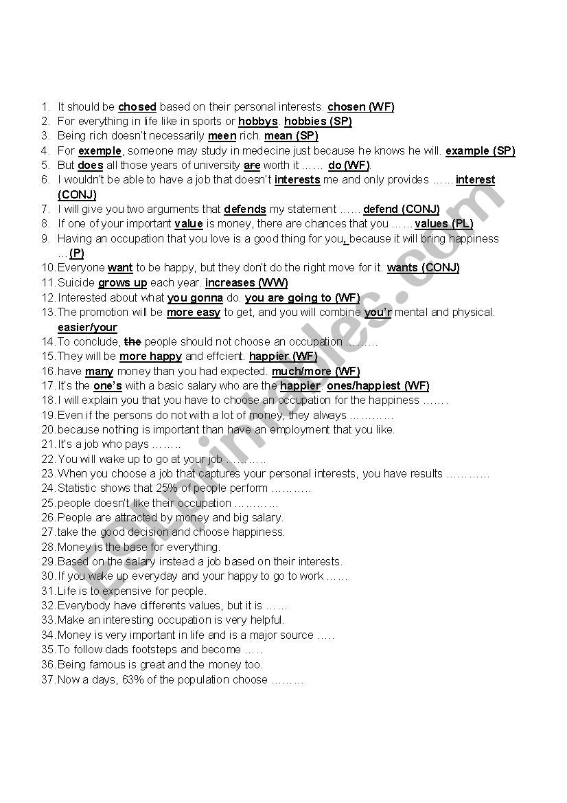 Writing errors worksheet