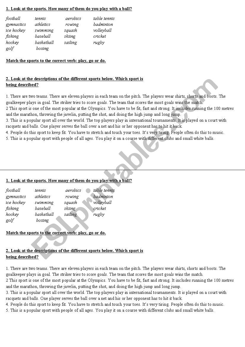 Sports worksheet