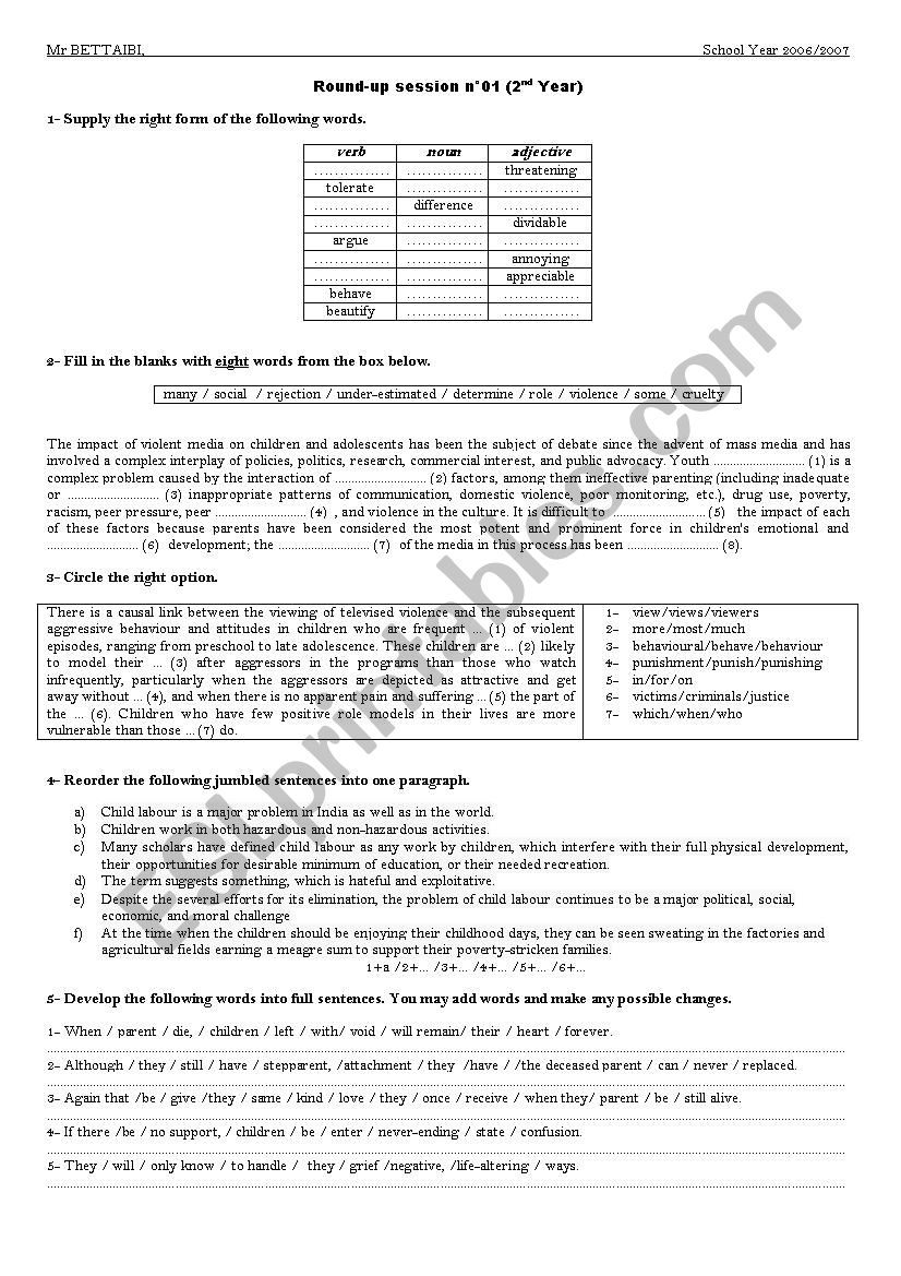 Round-up Session N°01 (2nd Year) - Esl Worksheet By Ben Muhammad