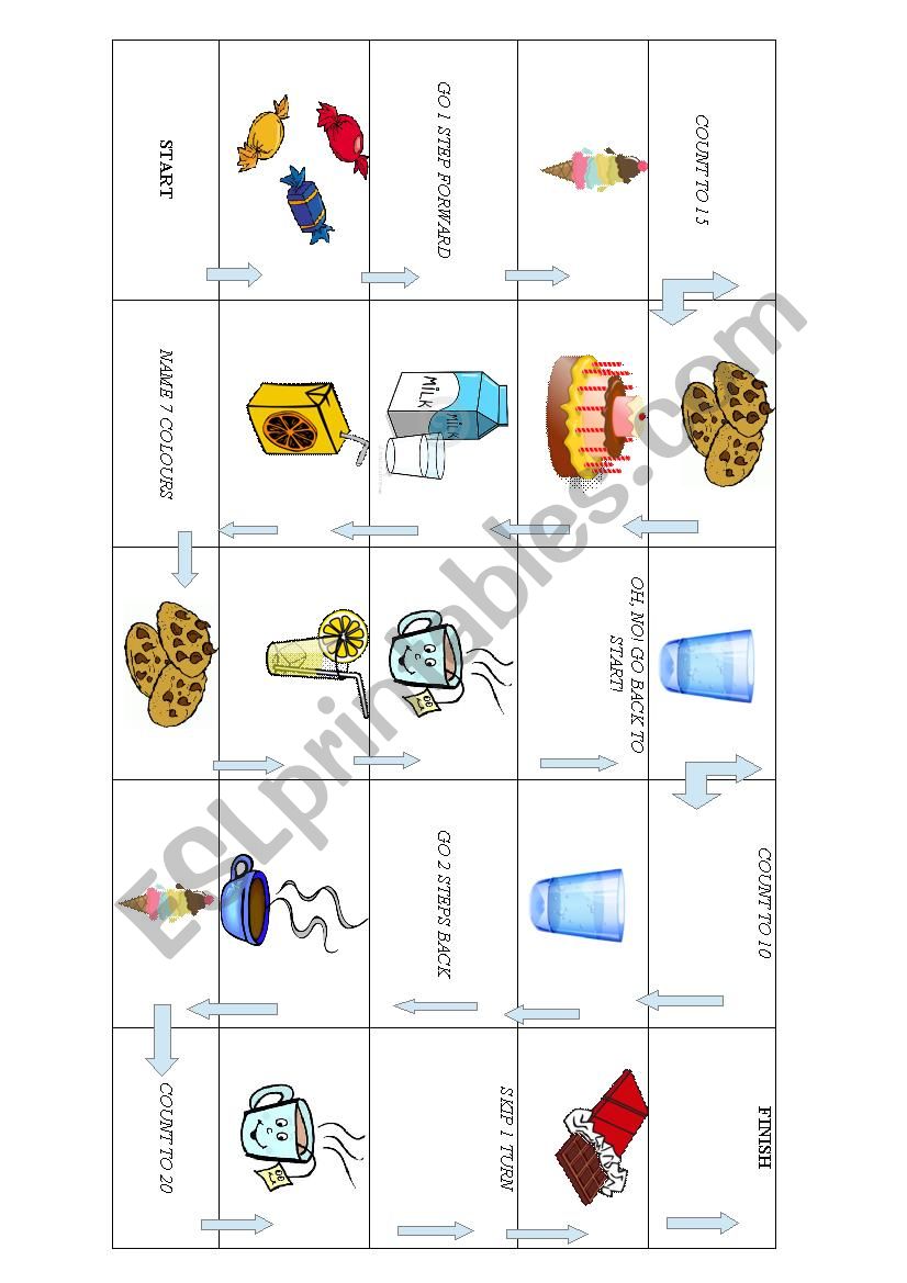 Food and Drinks Board Game - ESL worksheet by Darin13