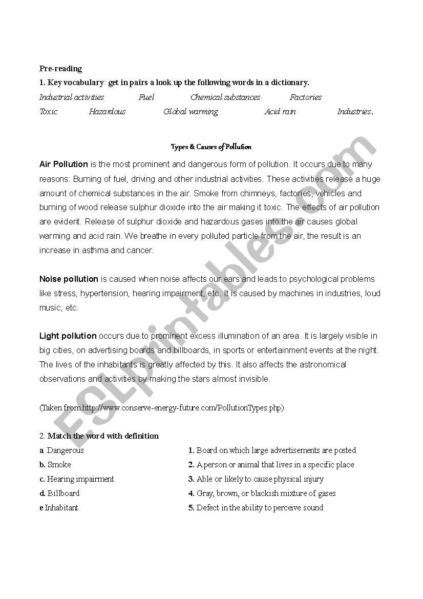 Types of Pollution: Cause-effect.