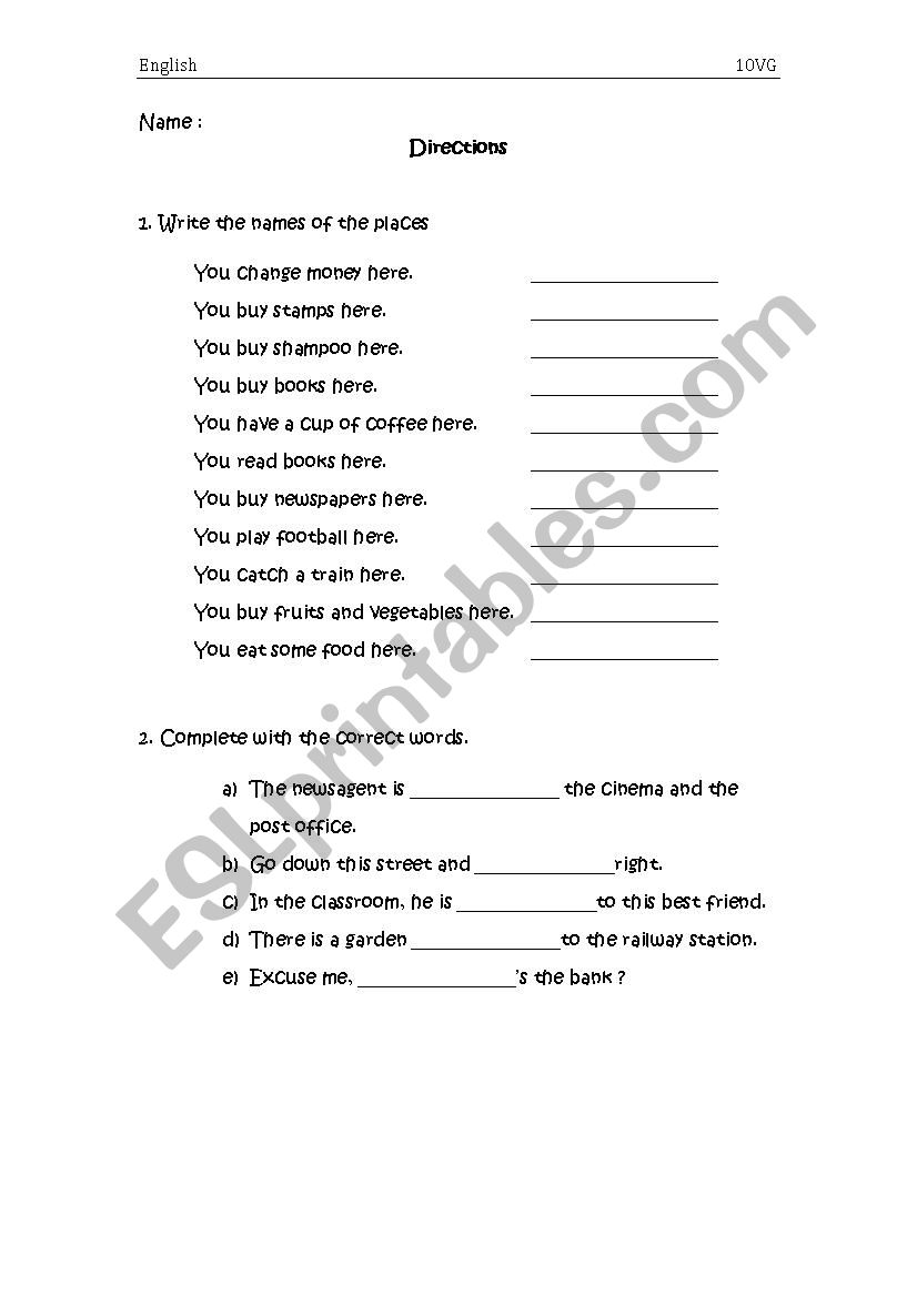 Directions worksheet