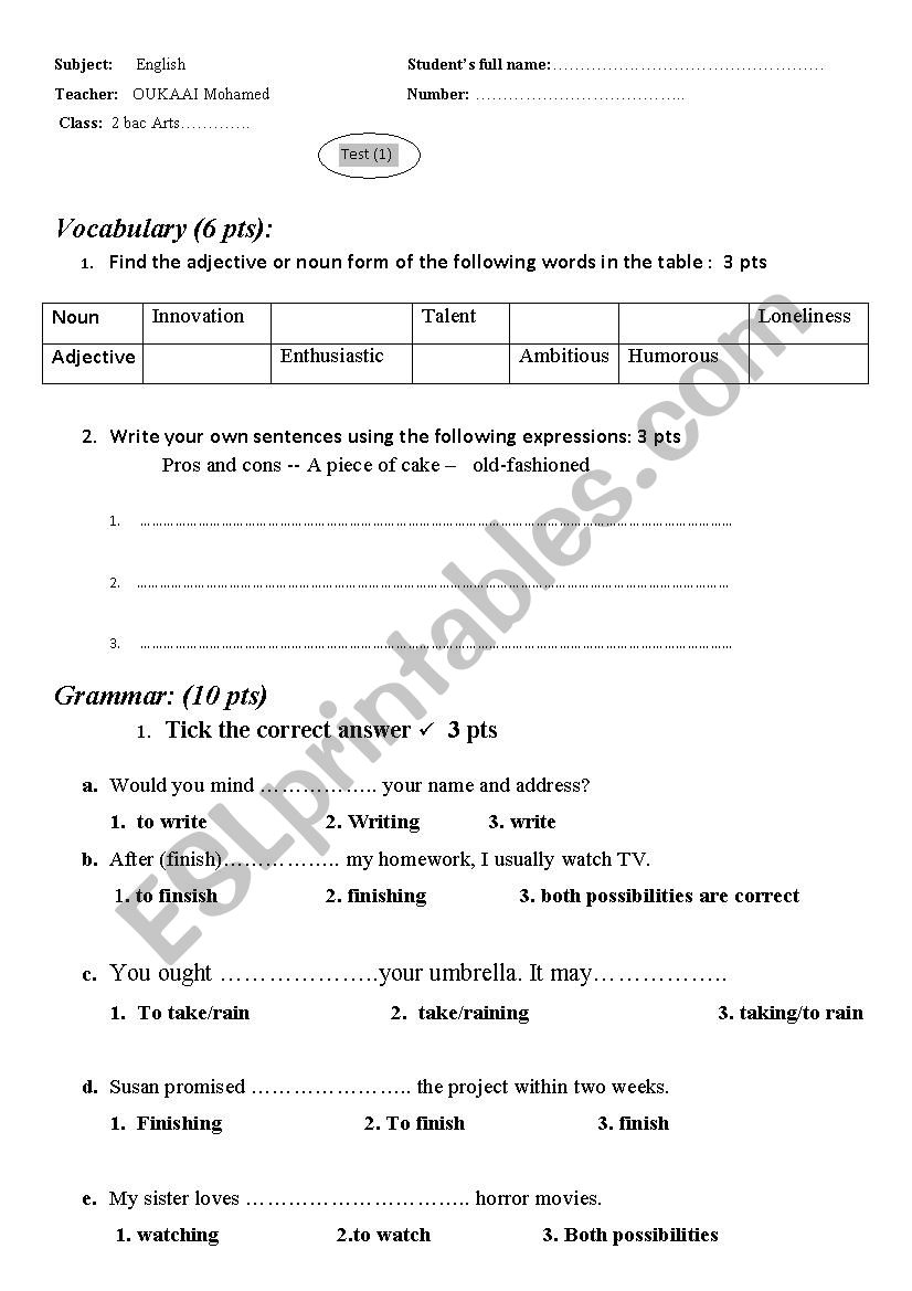 2nd bac test worksheet